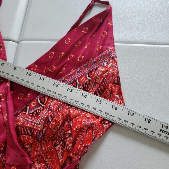 Free People Jumpsuit Womens 4 Pink Red Boho Wide Leg Sleeveless Wrap Tie Rayon - Picture 9 of 12